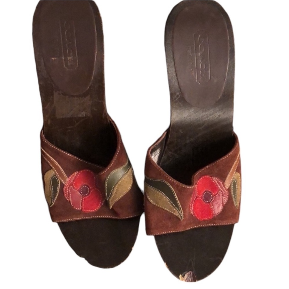 Coach Brown Leather Platform Slide Sandals with Red Flower Appliqué